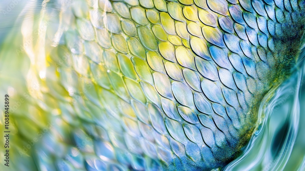 Poster close-up of shimmering fish scales reflecting light and color in water.