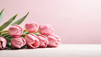 A bouquet of pink tulips on a beige background, an empty space for the text on the right