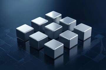 Obraz premium 3D render of cubes arranged in a dark blue background. Abstract futuristic technology concept.
