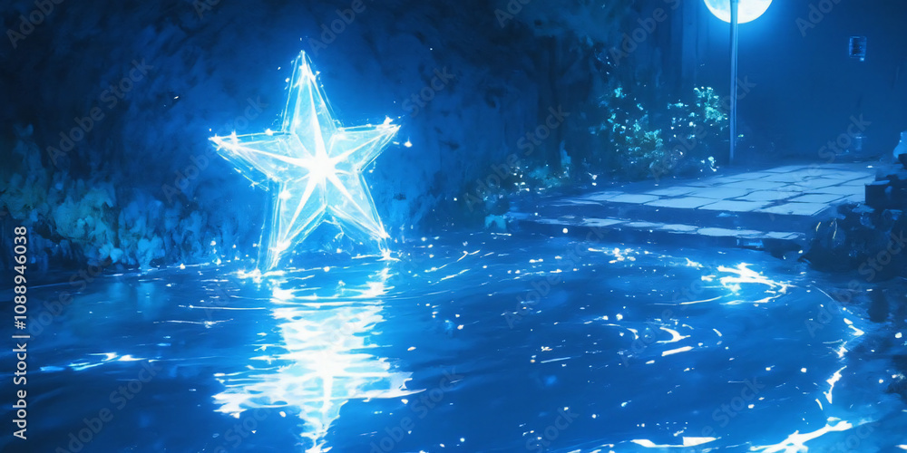 Poster a glowing star shape illuminated by soft blue lights reflected in a calm water setting, creating a s