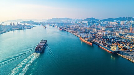 Naklejka premium Aerial View of a Busy Port with Cargo Ships Navigating Along the Calm Water and Cityscape in the Background During Early Morning Light