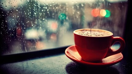 Fototapeta premium Steaming coffee in red cup on rainy windowsill.
