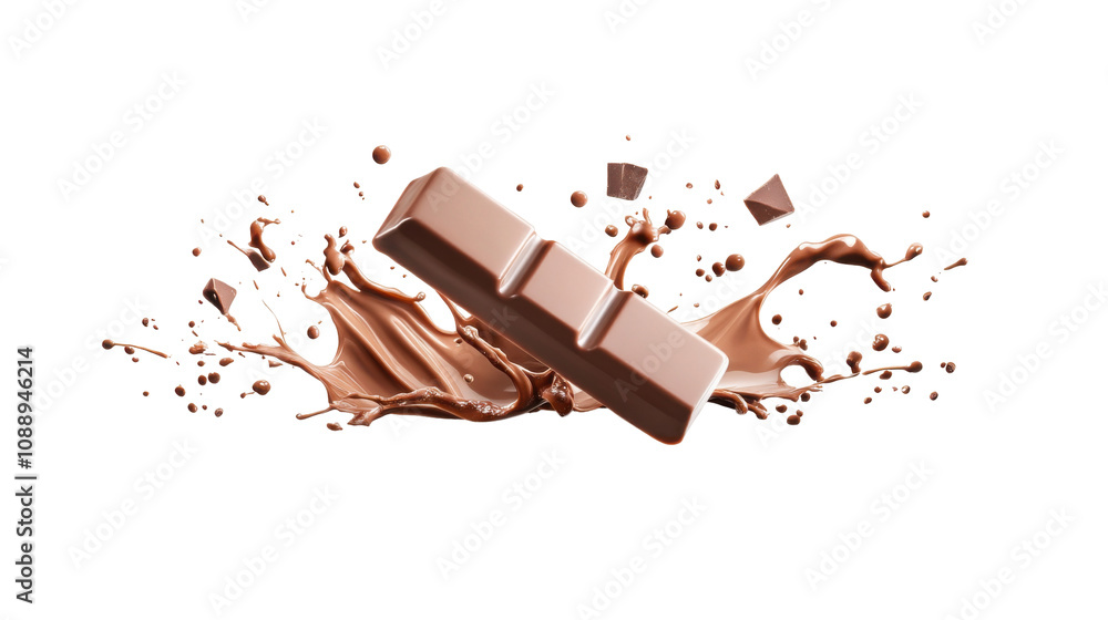 Poster delicious chocolate bar splashing in creamy cocoa liquid on a transparent background