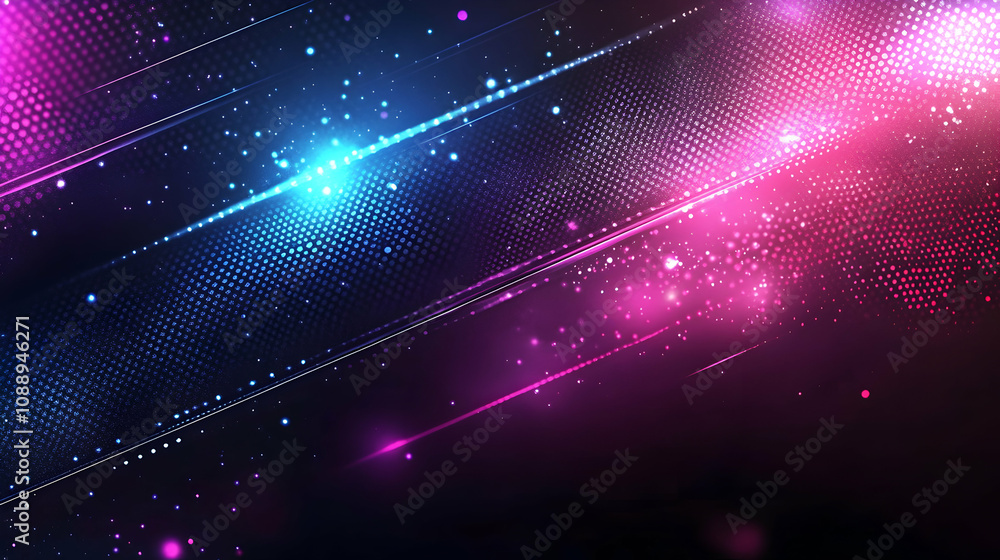 Poster abstract digital art with blue and pink glowing lines on a black background with sparkles, creating 