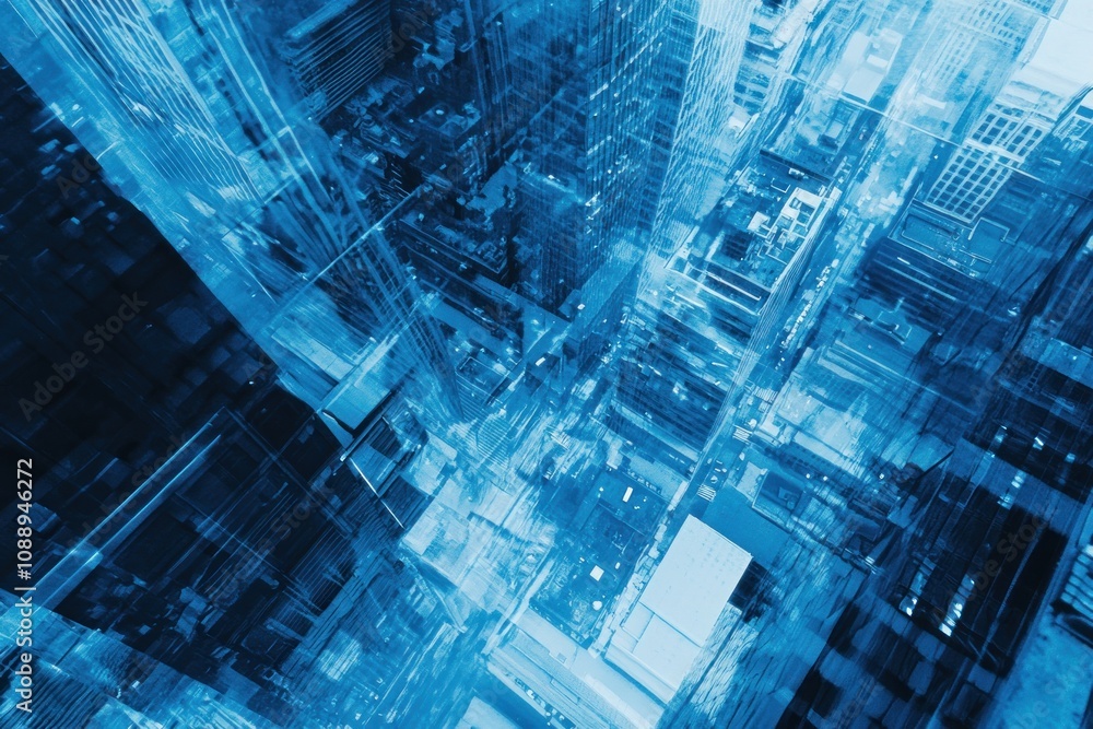 Aufkleber aerial view of a futuristic cityscape with blue tones and abstract structures.