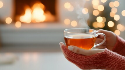 Woman's hands in warm gloves holding a steaming cup of tea by a fireplace.