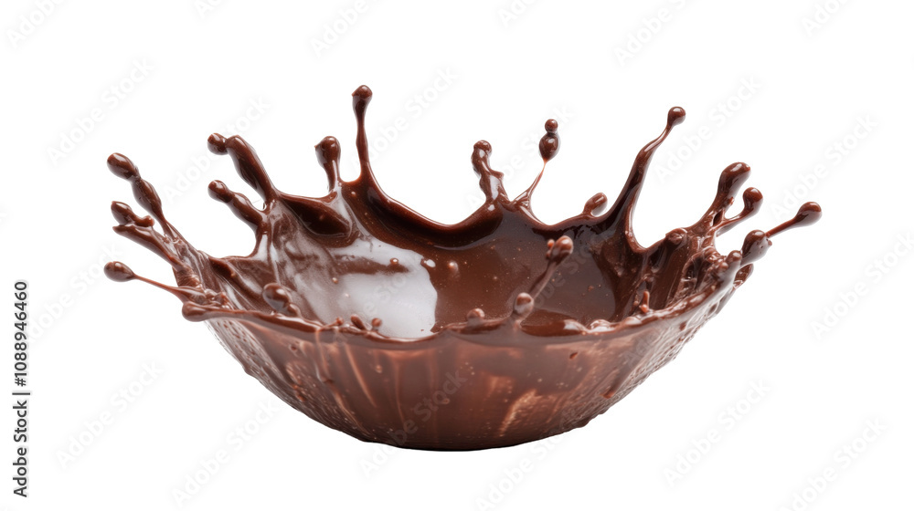 Poster chocolate splashes create artistic patterns in a smooth round bowl captured against a transparent ba