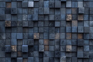 3D render of cubes arranged in a dark blue background. Abstract futuristic technology concept.