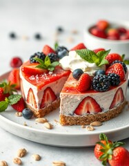 Delicious strawberry cheesecake garnished with fresh berries and mint sits on a plate ready to be served