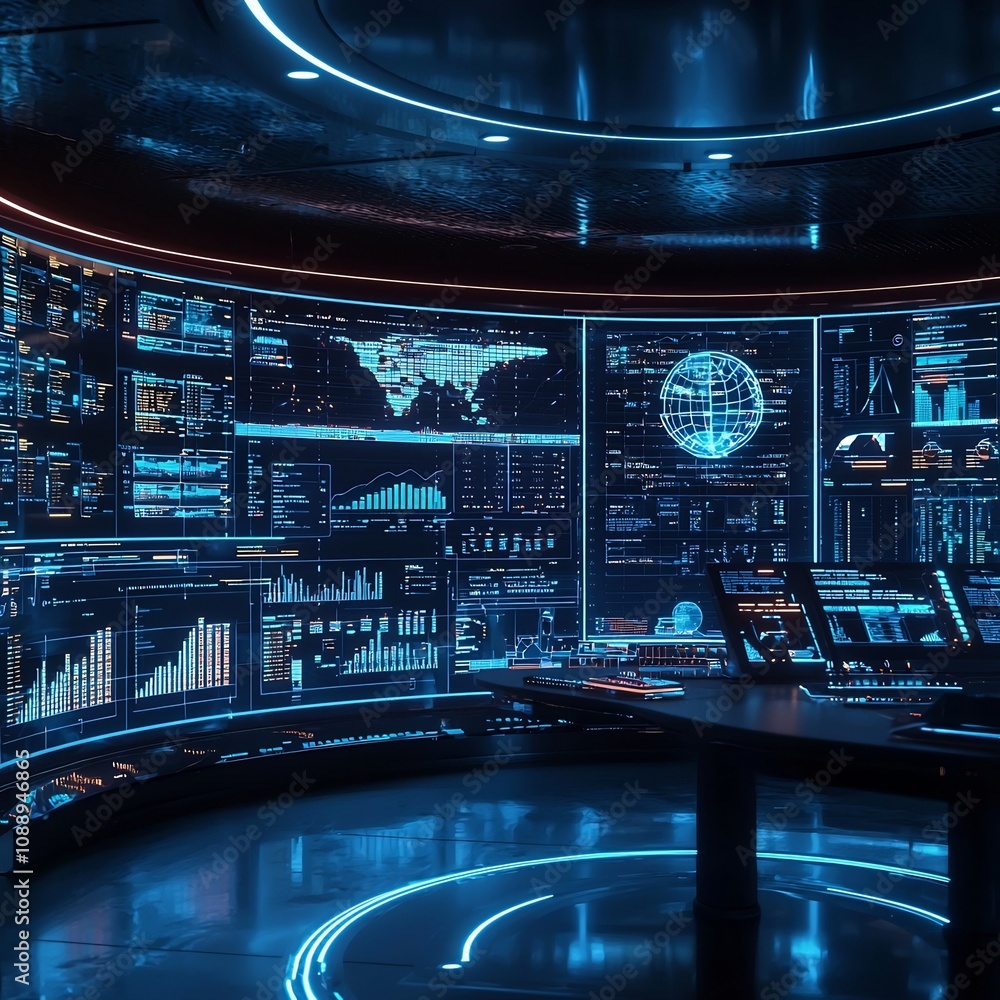 Poster futuristic control room with holographic data streams visualizing real time business analytics and m