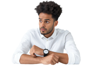A man with a black afro is sitting at a table with his hands on his lap. He is wearing a watch and looking at it. Concept of contemplation and focus