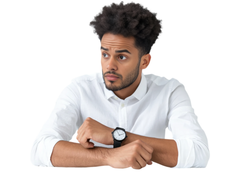 A man with a black afro is sitting at a table with his hands on his lap. He is wearing a watch and looking at it. Concept of contemplation and focus