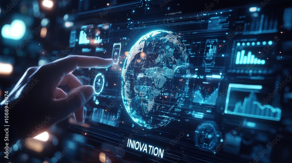 Poster hand interacting with a futuristic digital interface showing a global network and the word 