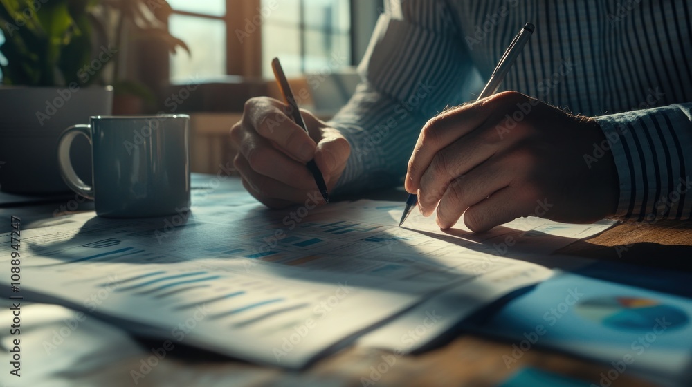Poster a person writing and analyzing documents with charts in a well-lit workspace.