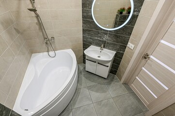 interior apartment room bathroom, sink, decorative elements, toilet. WC, sanitary unit, wash room