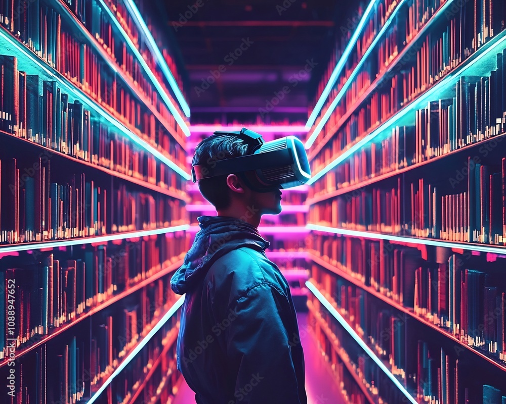 Poster student exploring virtual knowledge in glowing digital library distance learning concept