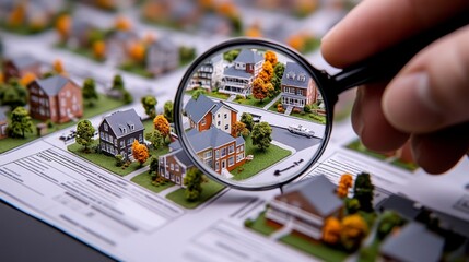 Detailed model of a real estate development viewed through a magnifying glass, showcasing homes and landscaping in autumn colors