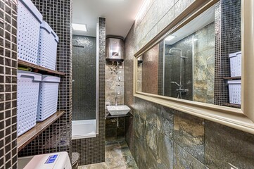 interior apartment room bathroom, sink, decorative elements, toilet. WC, sanitary unit, wash room