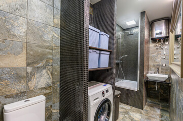 interior apartment room bathroom, sink, decorative elements, toilet. WC, sanitary unit, wash room