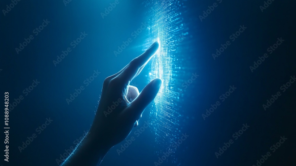 Poster hand interacting with glowing digital data streams.