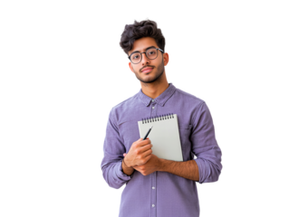A man wearing glasses and a purple shirt is holding a notebook and a pen. He is smiling and he is confident. Concept of productivity and focus, as the man is ready to take notes or jot down ideas