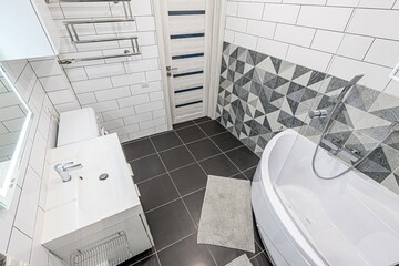 interior apartment room bathroom, sink, decorative elements, toilet. WC, sanitary unit, wash room