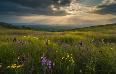 Obraz premium Landscape photo in the afternoon, the sun's rays shining on the green grass and colorful flowers, with a background of mountains