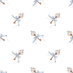 Pattern keys with pink ribbons. Baby pattern. Hand drawing vintage things with a bow on isolated white background. Elegant ornament for printing on textiles or wallpaper. Baby design. For princesses