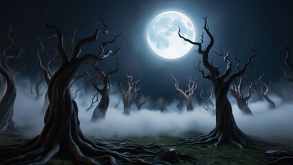 Fototapeta premium Dry trees in the foggy forest, a full moon overhead, a pitch-black night, and a terrifying backdrop