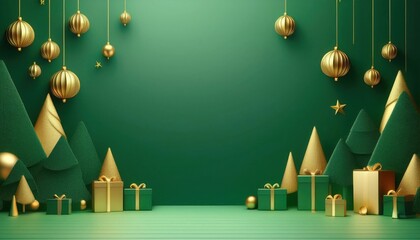 Obraz premium Festive Green Christmas Scene with Golden Ornaments