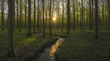 Fototapeta premium Sunlit stream flows through spring forest.
