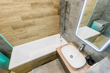 interior apartment room bathroom, sink, decorative elements, toilet. WC, sanitary unit, wash room