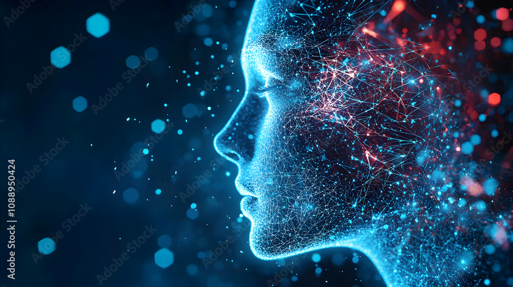 Poster a digital abstract portrait of a person made from connected lines and points of light, with a blue a