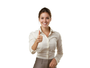 Confident professional woman giving a thumbs-up, symbolizing success and agreement.