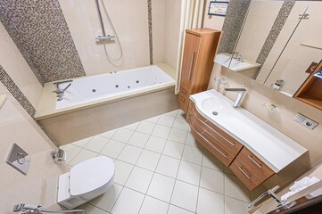 interior apartment room bathroom, sink, decorative elements, toilet. WC, sanitary unit, wash room