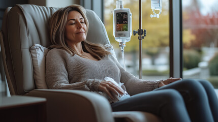 
a woman getting an IV infusion in a relaxing setting in a recliner