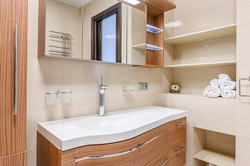 interior apartment room bathroom, sink, decorative elements, toilet. WC, sanitary unit, wash room