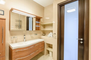 interior apartment room bathroom, sink, decorative elements, toilet. WC, sanitary unit, wash room
