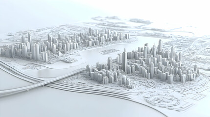 Fototapeta premium A 3D Render of a Stylized Cityscape in White, Showcasing a Modern Metropolis with Skyscrapers and Highways, Providing an Abstract Visualization of Urban Development