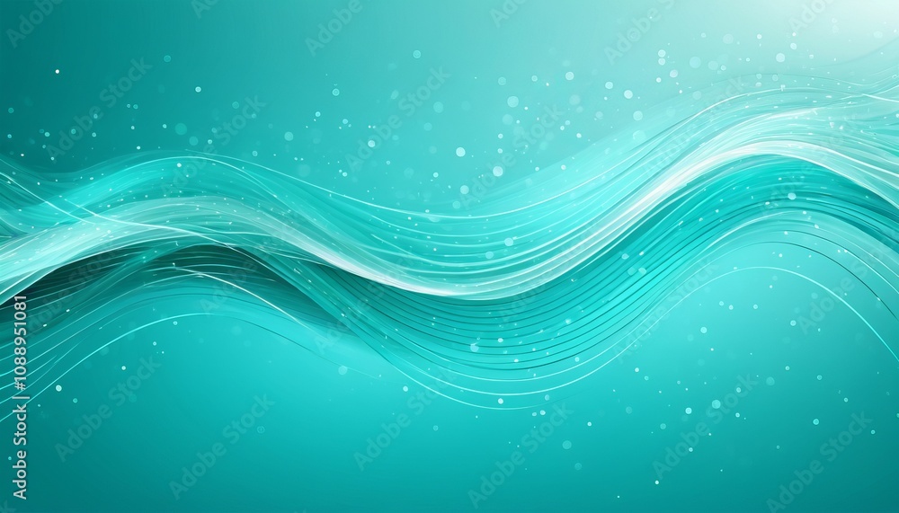 Poster teal abstract waves with flowing lines and bokeh light sparkles