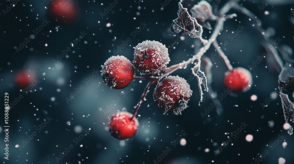 Poster a close up of a branch with snow on it and red berries
