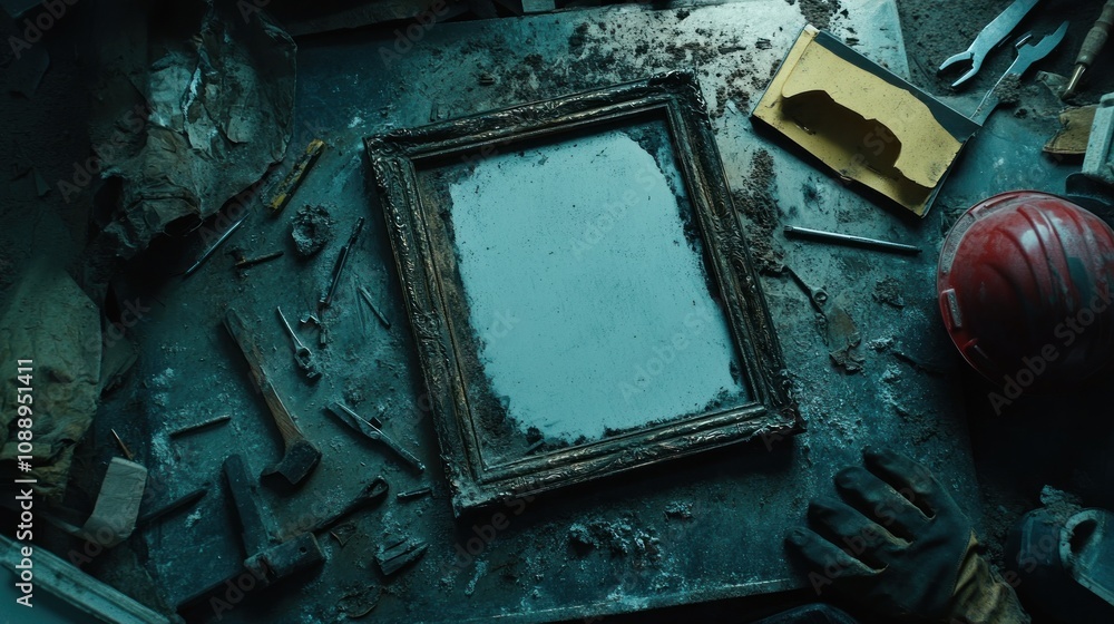 Aufkleber a dusty workspace featuring an empty picture frame surrounded by tools and debris.
