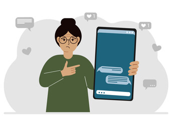 A woman holds a mobile phone with correspondence and SMS messages in his hand. Vector flat illustration.