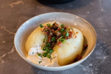 close-up cepelinas - traditional lithuanian meal, made of potatoes and meat