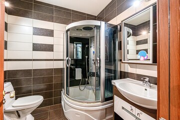 interior apartment room bathroom, sink, decorative elements, toilet. WC, sanitary unit, wash room