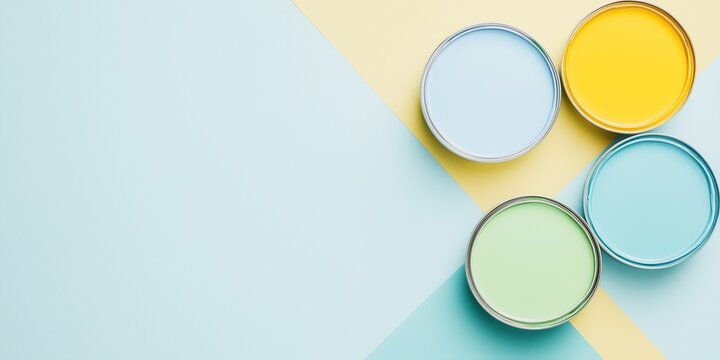 A flat lay of pastel blue green and yellow paint cans. Repare web-banner. top view, copy space.