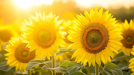 Obraz premium Vibrant Yellow Sunflowers Blooming in a Field, Captured During a Golden Hour Sunset, With a Soft, Blurry Background