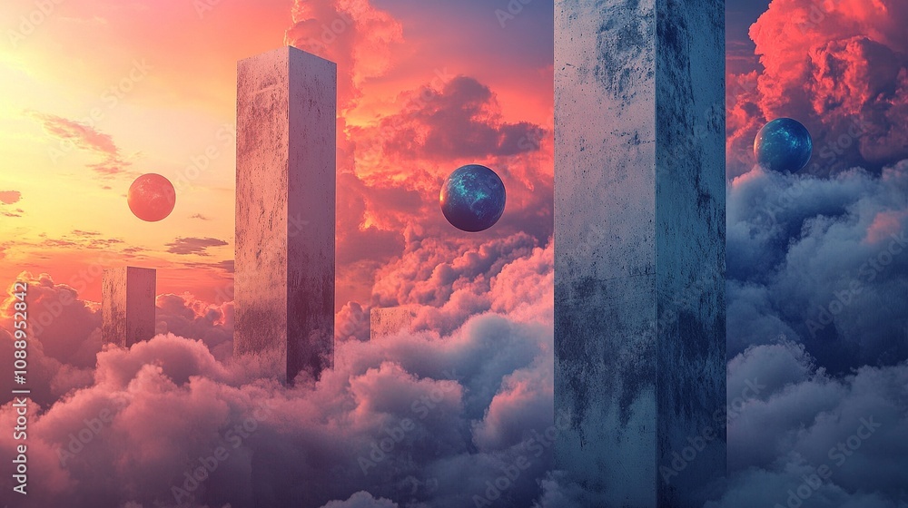 Poster conceptual growth on concrete columns with sky backdrop.