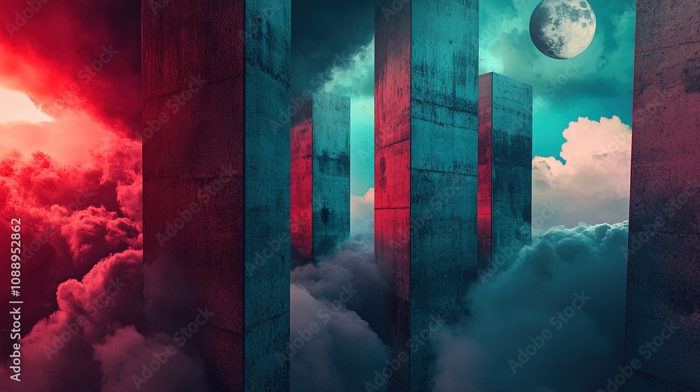 Poster conceptual growth on concrete columns with sky backdrop.