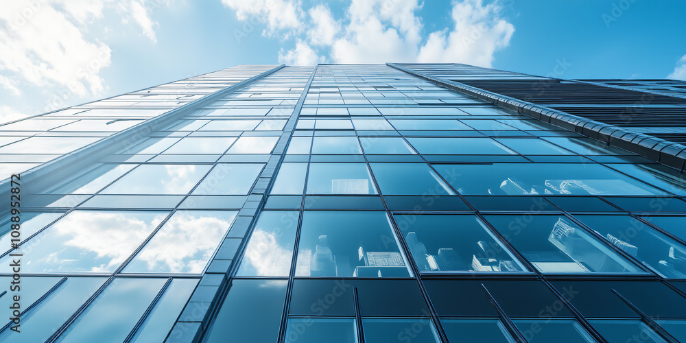 Poster an upward view of a modern glass building reflecting the clouds and sky, showcasing the beauty of ar